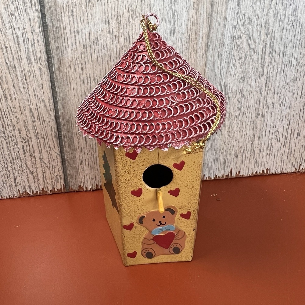 Painted Tin Birdhouse Red Roof Teddy Bear Tree Rustic Hanger Christmas Ornament